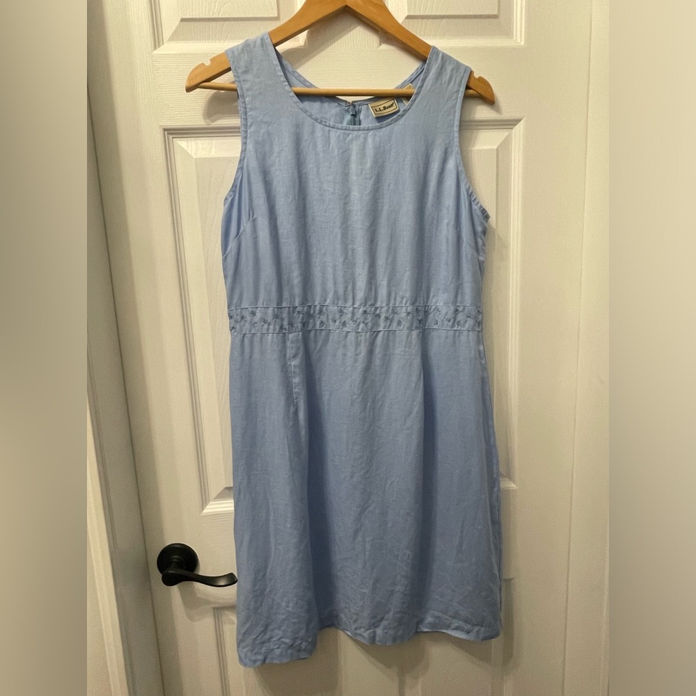 LL Bean Womens Sz 12 Blue Dress 100% LINEN Midi Cottagecore Quiet Luxury Coastal